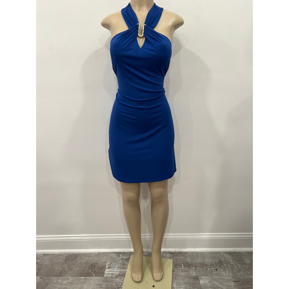 Tommy Bahama Halter Dress Women XS Royal Blue Halter Neck Sheath Dress